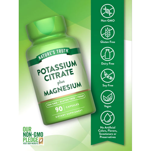 View 3 A hand holding a bottle of Potassium Citrate plus Magnesium with 90 capsules inside, showing product size and scale.