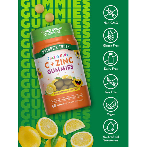 A bottle of 60 yellow round C plus Zinc Gummies next to two loose gummies, on display for scale.