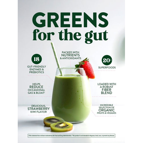Product highlights graphic stating 18 Enz/Prebiotics, Reduces Gas/Bloat†, Strw Kiwi, Nutr/Antiox, 20+ Superfoods, Fiber, Organic F&V