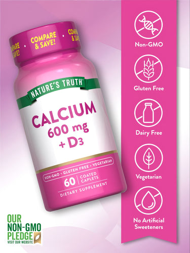 Nature's Truth Calcium 600 mg + D3 bottle with 60 coated caplets is shown against a bulk background named hand_scale.