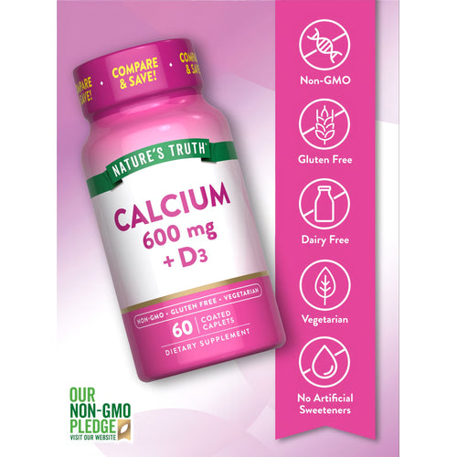 Nature's Truth Calcium 600 mg + D3 bottle with 60 coated caplets is shown against a bulk background named hand_scale.