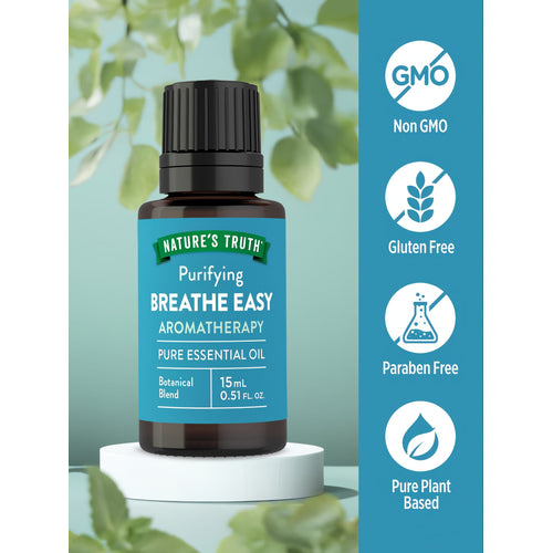 Breathe Easy Oil bottle labeled as Non GMO, Gluten Free, Paraben Free, and Pure Plant Based.