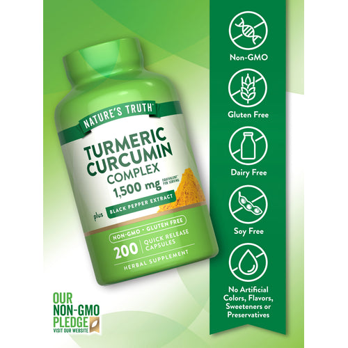 Turmeric Curcumin Complex bottle with icons indicating Non-GMO, Gluten Free, Dairy Free, Soy Free, No Artificial Additives.