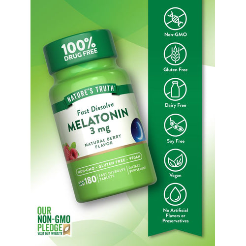 Bottle of Melatonin 3 mg Fast Dissolve Tablets, containing 180 tablets.