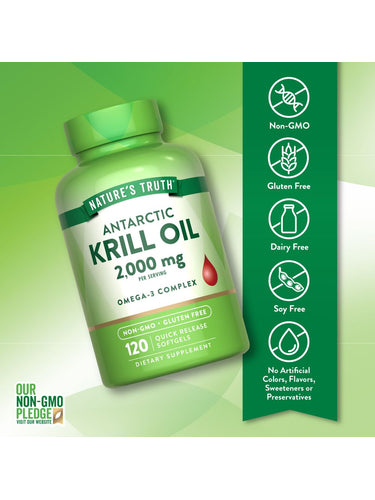 Antarctic Krill Oil, 2,000 mg Omega-3 Complex, shown as 120 Quick Release Softgels in hand for scale.