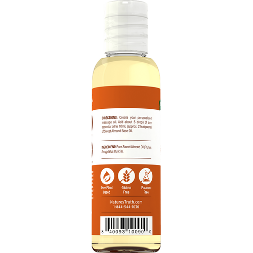 A bottle of Nature's Truth Sweet Almond Oil, highlighting its use for skin nourishment and moisturizing benefits.
