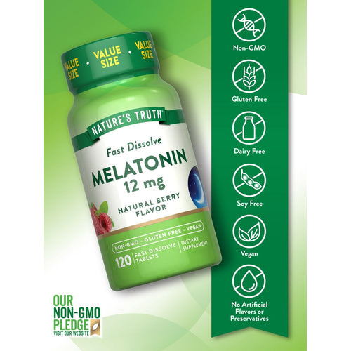 Nature's Truth Melatonin 12 mg, 120 fast dissolve tablets displayed on a hand scale to indicate bulk size.