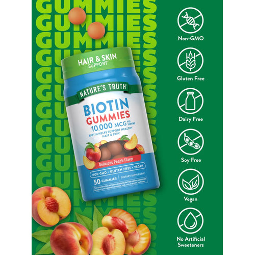 Peach-flavored Biotin 10,000 mcg Gummies, 50 count, with several loose orange gummies visible.