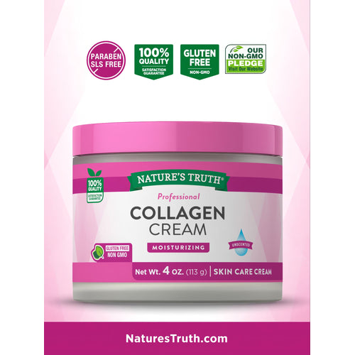 A hand holds a jar of Nature's Truth Professional Collagen Cream, 4 oz (113 g), illustrating product size and packaging.