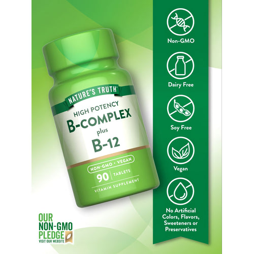 Hand holding NT B-Complex + B-12 90 tablets bottle, showcasing supplement details.
