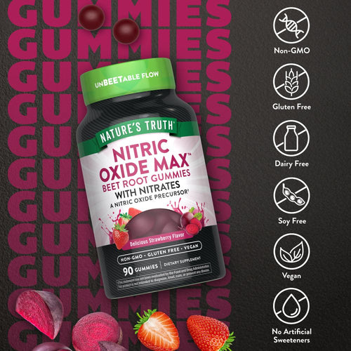 NT Nitric Oxide Beet Root, 90 gummies shown on a hand scale, with scale marks visible, highlighting quantity in packaging.