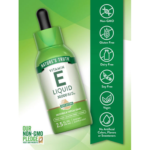 Vitamin E Liquid bottle: Non-GMO, Gluten Free, Dairy Free, Soy Free, Vegan, with no artificial colors, flavors, or sweeteners.