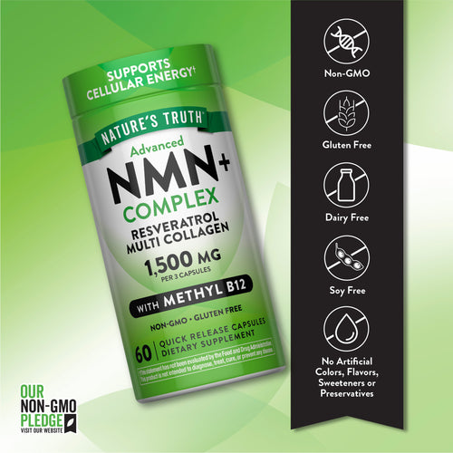 NMN+ Complex bottle with icons indicating Non-GMO, Gluten Free, Dairy Free, Soy Free, and no artificial additives.