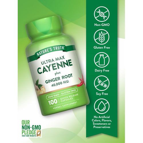 Hand holding a bottle of Cayenne plus Ginger Root 100 Quick Release Capsules, displaying supplement for health benefits.