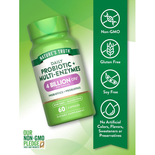 Hand holding Nature's Truth Daily Probiotic + Multi-Enzymes, 60 capsules bottle, against a plain background.