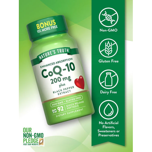 Hand holding CoQ-10 200 mg Quick Release Softgels, 92 count, showcasing bulk quantity on scale.