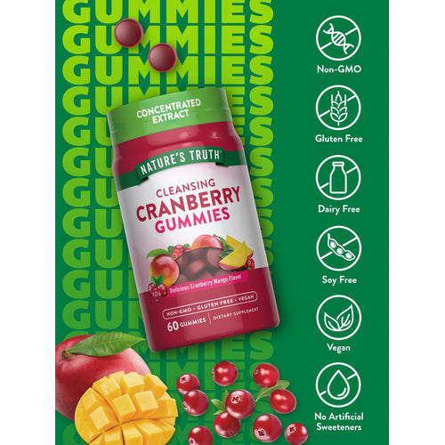 NT Cranberry 60 Gummies bottle with gummies, fresh cranberries, and mango slices around it.