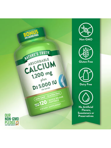 Nature's Truth Absorbable Calcium 1,200 mg plus D3 5,000 IU Quick Release Softgels, 120 count, Bonus 20% More Free.