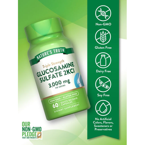 Bottle containing 60 quick-release glucosamine sulfate 2KCl capsules, providing 3,000 mg per serving.