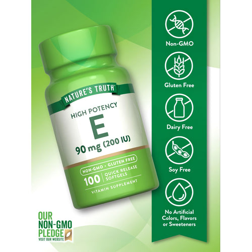 High Potency E bottle: Non-GMO, Gluten Free, Dairy Free, Soy Free, No Artificial Colors, Flavors, or Sweeteners.