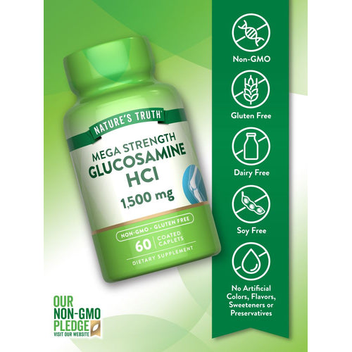 A bottle of Glucosamine HCl 1,500 mg containing 60 coated caplets shown on a hand scale for size reference.