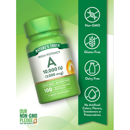 Vitamin A bottle labeled Non-GMO, Gluten Free, Dairy Free, with no artificial colors, flavors, sweeteners, or preservatives.