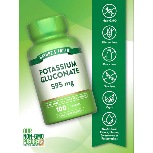 A hand holds Potassium Gluconate 595 mg caplets to indicate scale of bulk supplement packaging.