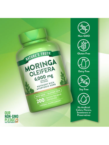 Moringa Oleifera bottle: Non-GMO, Gluten Free, Dairy Free, Soy Free, No Artificial Colors, Flavors, Sweeteners, Preservatives.