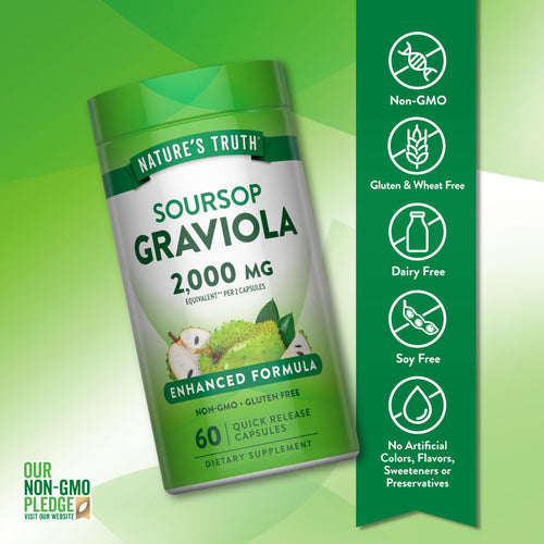Soursop Graviola bottle with icons indicating Non-GMO, Gluten & Wheat Free, Dairy Free, Soy Free, No Artificial Colors/Flavors.