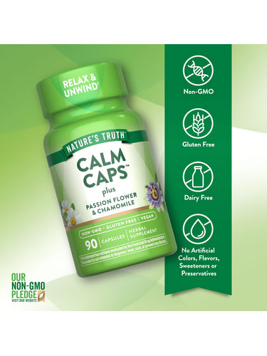 Calm Caps bottle labeled as Non-GMO, Gluten Free, Vegan, Dairy Free with no artificial colors, flavors, sweeteners, or preservatives.