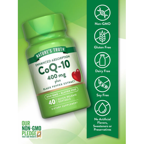 CoQ-10 400 mg with Black Pepper Extract in a bottle of 40 quick release softgels displayed on a hand scale.