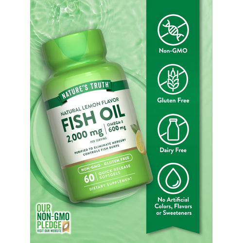 Natural Lemon Flavor Fish Oil 2,000 mg Quick Release Softgels, 60-count supplement package.