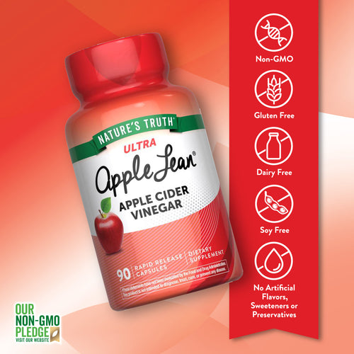 Apple Lean Capsules bottle: Non-GMO, Gluten Free, Dairy Free, Soy Free, No Artificial Flavors, Sweeteners, or Preservatives.