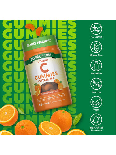 Gommose alla vitamina C di Nature's Truth | Confezione da 50 | con vitamina E | Gusto arancia | Integratore vegano, non OGM e senza glutine