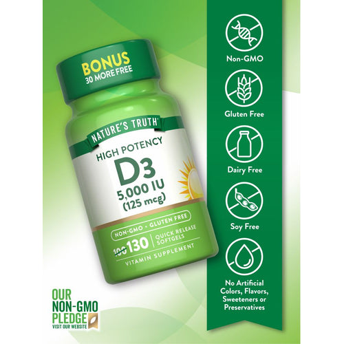 View 3 Nature's Truth D3 5,000 IU (125 mcg) Quick Release Softgels, 130 count pack with 100 softgels and 30 bonus softgels included.