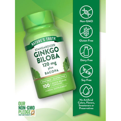 View 3 Ginkgo Biloba bottle: Non-GMO, Gluten Free, Dairy Free, Soy Free, No Artificial Colors, Flavors, Sweeteners, or Preservatives.