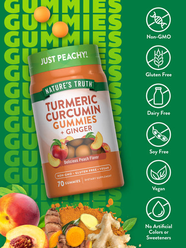 Turmeric and Ginger Gummies | 70 Count | Peach Flavor | Vegan, Non-GMO & Gluten Free Supplement