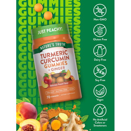 Turmeric & Ginger Gummies bottle with icons indicating Non-GMO, Gluten Free, Dairy Free, Soy Free, Vegan, No Artificial Colors/Sweeteners.
