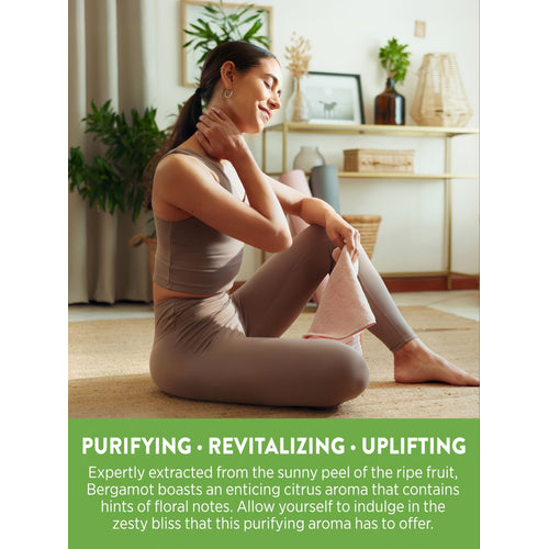 Young woman relaxing, touching neck; graphic states: 'PURIFYING • REVITALIZING • UPLIFTING. Bergamot boasts an enticing citrus aroma.'