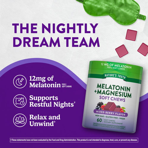 NT Melatonin + Magnesium soft chews container with three red chews, delivering 12 mg Melatonin per 2 chews.