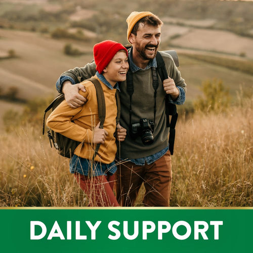 Adult man and boy hiking and laughing with arms around each other. A green banner at the bottom says 'DAILY SUPPORT'.
