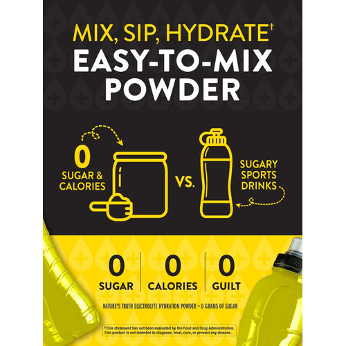 NT Electrolyte Hydration Powder, 0 sugar and calories, with a scoop entering a jar, compared to sugary sports drinks.