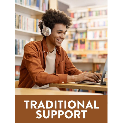 Young man wearing headphones and typing on a laptop, smiling. Graphic overlay reads 'TRADITIONAL SUPPORT'.