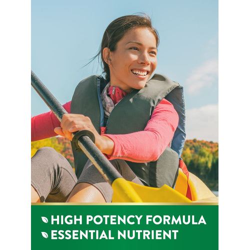Young adult woman kayaking and smiling, with text overlay 'HIGH POTENCY FORMULA' and 'ESSENTIAL NUTRIENT' for the NT E supplement.