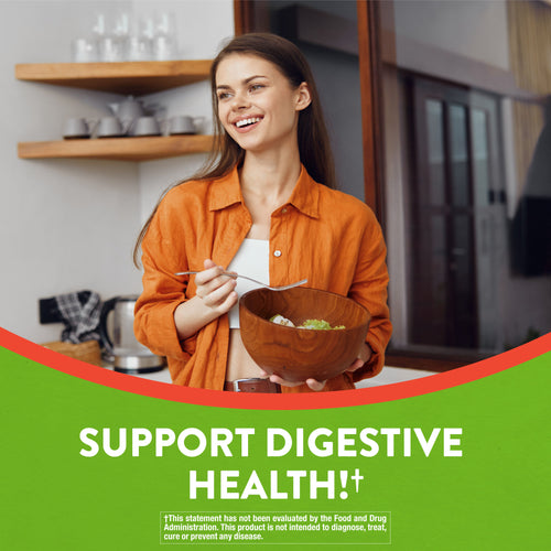A young woman is smiling while enjoying a salad alongside Probiotic Gummies.
