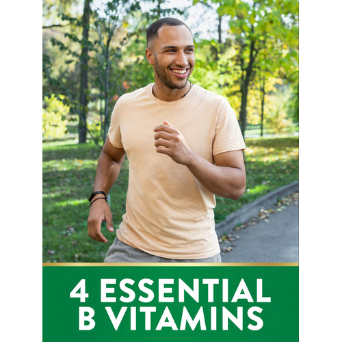 A young man runs outdoors holding a banner that reads '4 ESSENTIAL B VITAMINS'.