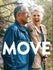 An older man and woman laugh outdoors, with the woman holding a trekking pole. Overlay text reads 'MOVE'.