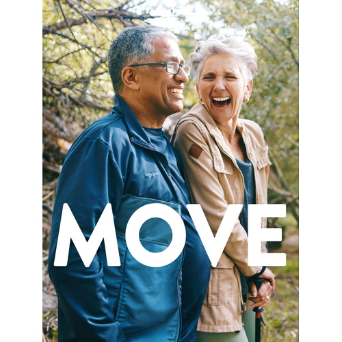 An older man and woman laugh outdoors, with the woman holding a trekking pole. Overlay text reads 'MOVE'.