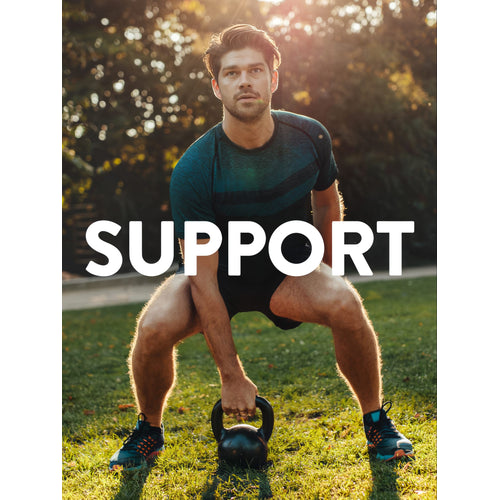 A man lifts a kettlebell outdoors under sunlight. The image has the text overlay: 'SUPPORT'.
