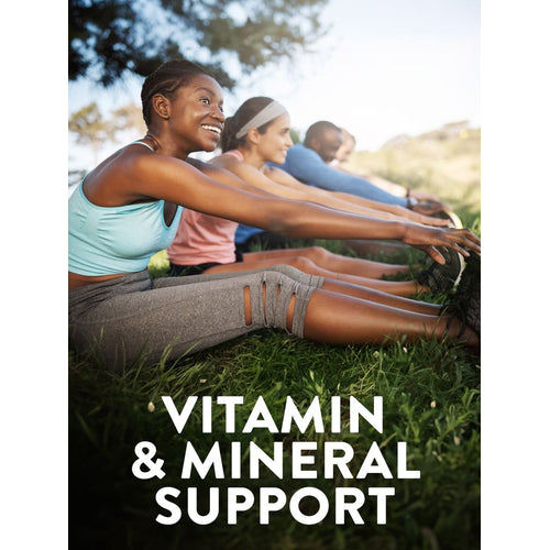 Adults of diverse backgrounds stretching outdoors. Overlaid text reads 'VITAMIN & MINERAL SUPPORT'.